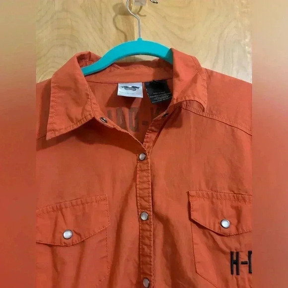 Harley Davidson Garage Shirt Pearl Snap Orange Size 1W EUC - Picture 6 of 12